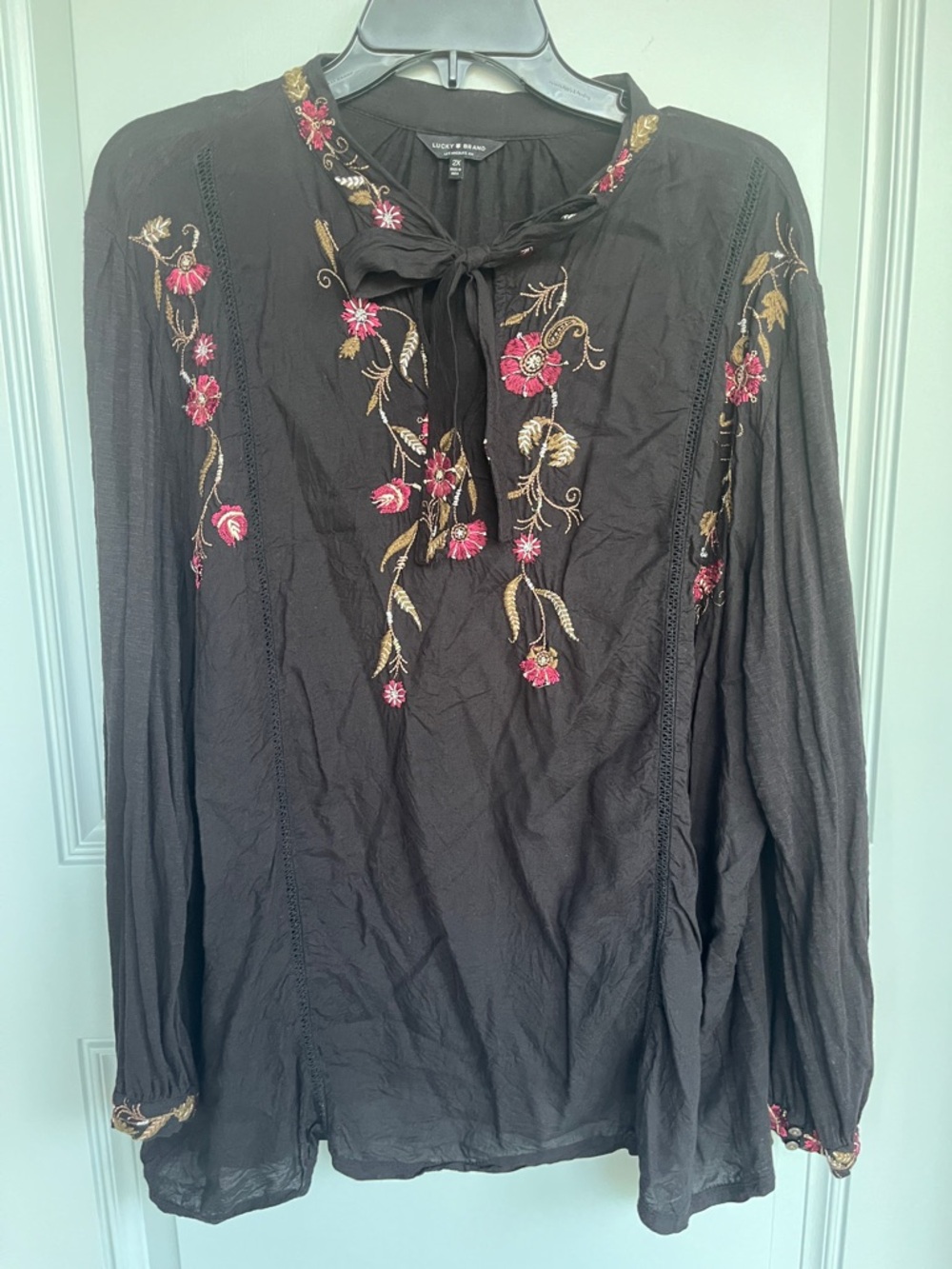 Lucky Brand 2x Mixed Media Embroidered Blouse
